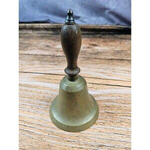 Antique Brass Bell Hand Held Teacher School Bell Large 9” Wooden Handle Loud